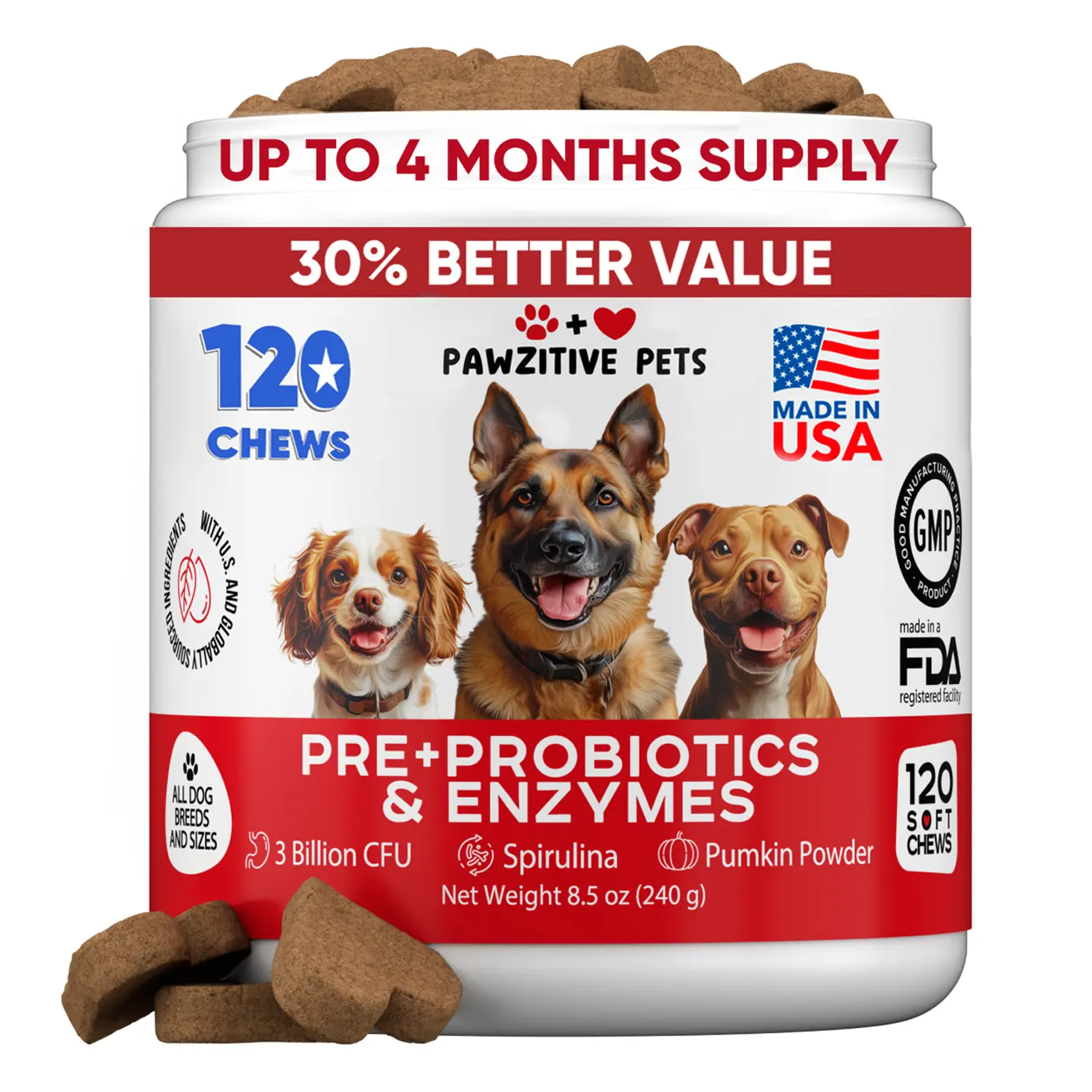 Pre+Probiotics for Dogs Digestive Health | Dog Probiotic Chews 120 Ct Supplements