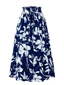 Women's Vintage Floral Skirt, High-Waisted Elastic Loose-Fit Long Skirt, Elegant A-Line Skirt for All Seasons, Office Wear Fashion