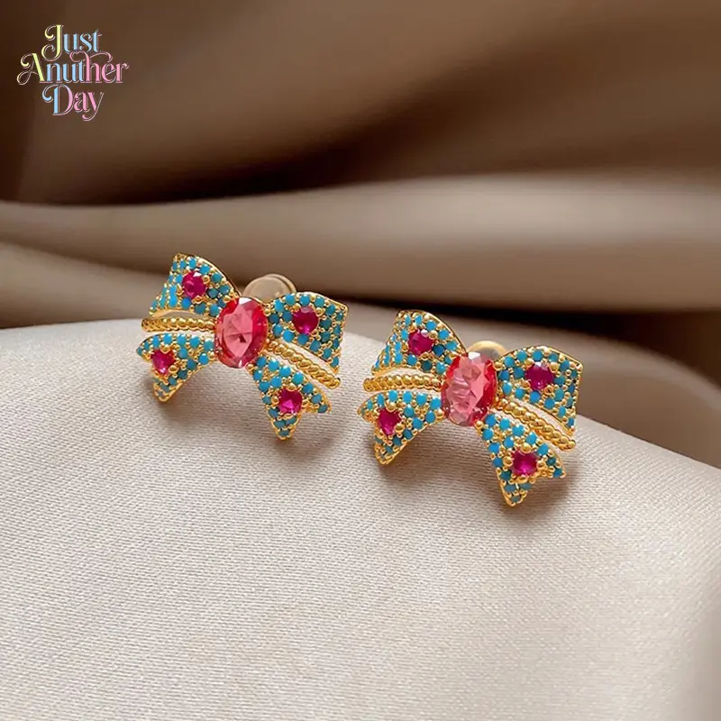 Vintage Bow Shaped Stud Earrings for Women, Luxury Retro Earrings with Pink & Blue Crystals, Elegant Niche Design Ear Jewelry for Daily Wear