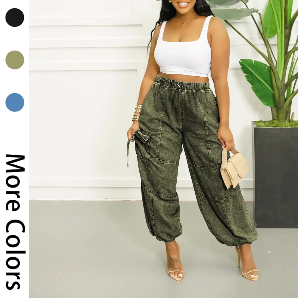 Women's Baggy Jeans Elastic Waist Pull On Casual Harem Denim Pants with Pockets