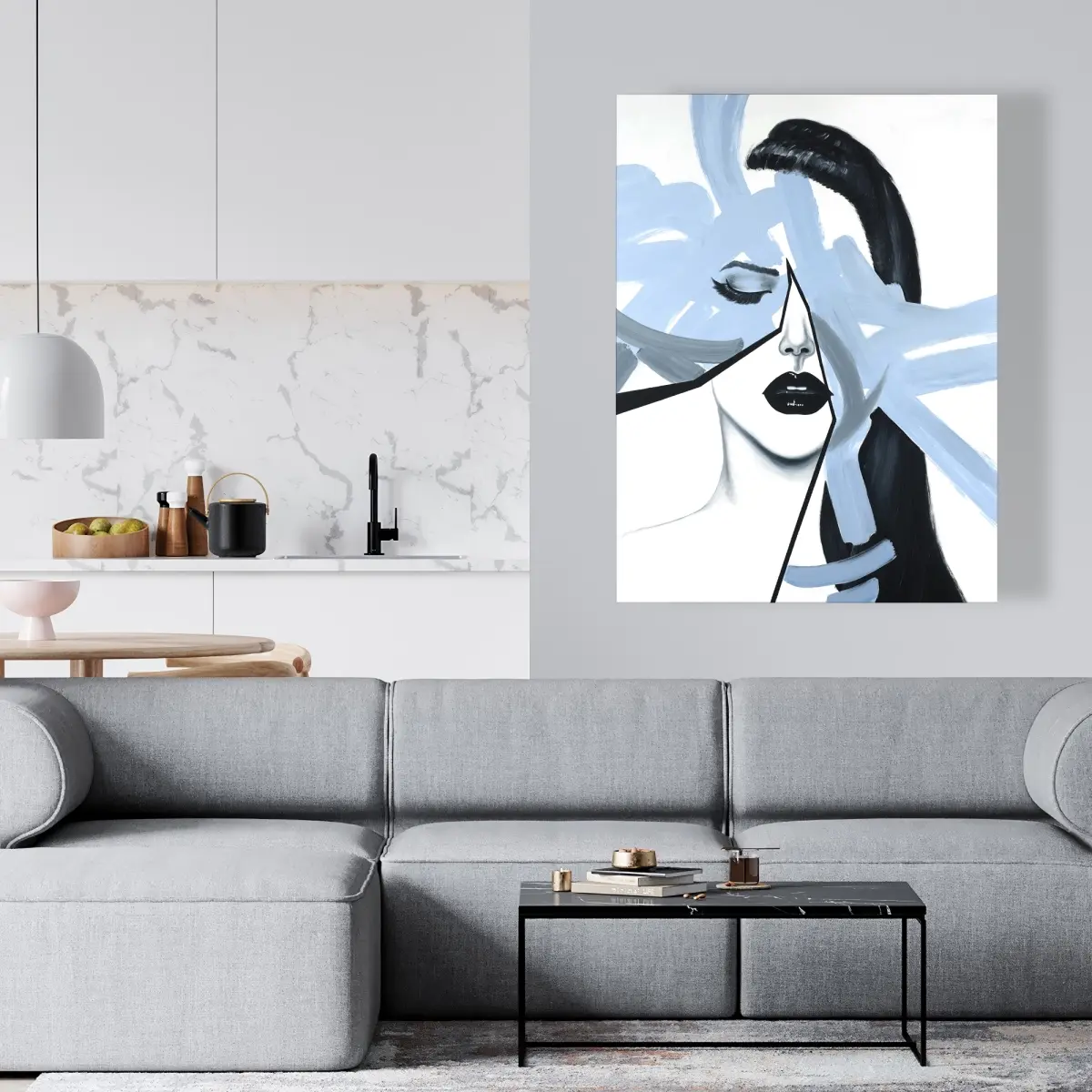 360 stand 36x48" Artistic Modern Abstract Blue Woman Portrait Print, Romantic Bedroom Wall Decor, Ideal Gift for Home Supplies Enthusiasts, Modern Abstract Art, Decoration, Artwork, Abstract Prints
