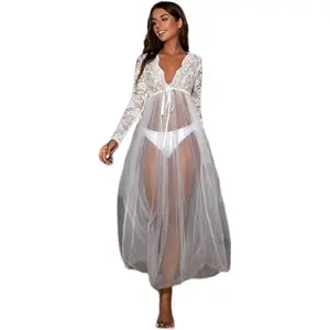 Women's Elegant White Lace Sheer Long Sleeve Maxi Robe, V-Neck Tie Waist Mesh Cover Up, Romantic Loungewear for Women, USA Stock (Panty NOT Included)