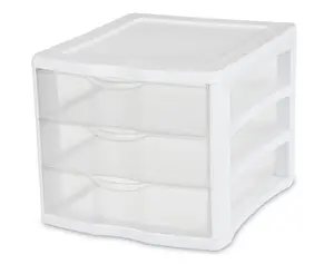 Clear Plastic 3-Drawer Storage Unit in White Compact Countertop & Desktop Organizer for Office Supplies Makeup Crafts & More