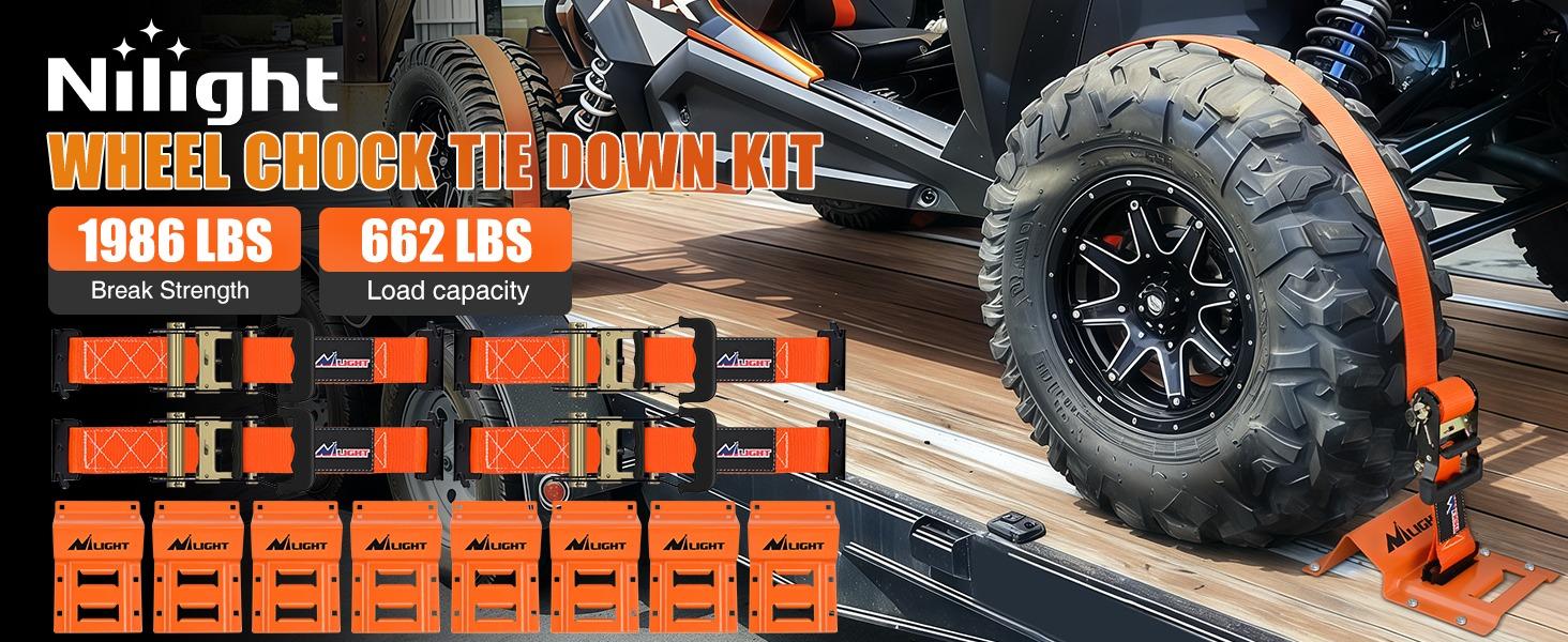 Nilight Wheel Chock Tie Down Kit with 4Pcs-8Pcs E-Track Ratchet System Straps (4500lb Break Strength) for ATV/UTV/SXS, Lawn Mower Trailer Tire Securing, Orange Automotive Exterior Accessory