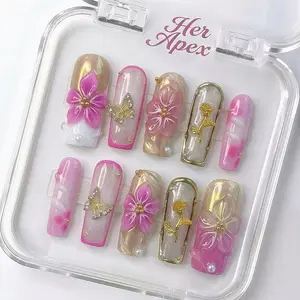 NailApex-Gilded Petal Aura 3D Coquette Coffin Press-On Nails, Reusable Salon-Quality, $200 Salon Nails vs $25 At-Home, 2-Week Long Wear Handmade Acrylic Square Press-On Nails