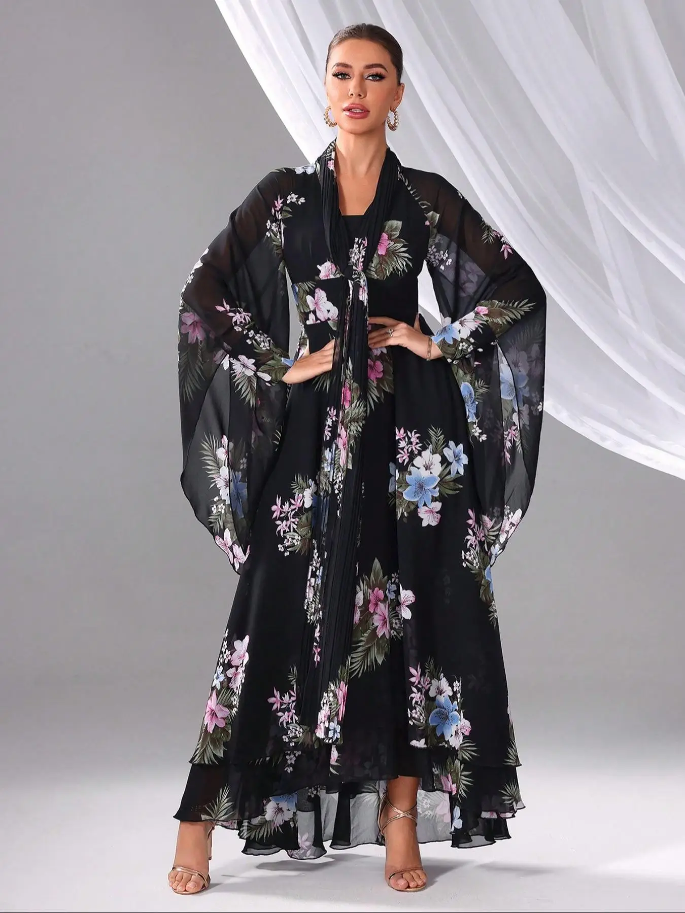 Women's Floral Print Long Sleeve Open Front Kimono Dress, Elegant Modest Maxi Dress for Party Holiday Wedding Guest, Ladies Spring & Fall Clothes