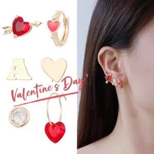 Valentine's Day Collection Red Heart Earrings Set with Red Hearts, Gold-Tone Finish, Includes Various Earring Designs
