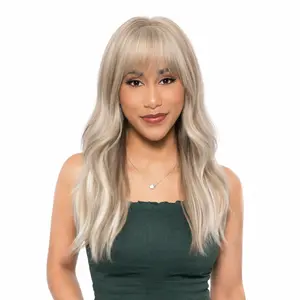 New 19-Inch Smokey Platinum Blonde (Subtle Vanilla Rose Brown Lowlights, Dimensional Color) Edgey Volume Layered Blowout Wave w/ Fettered Bangs & Sidelocks Synthetic Wig | 【Heat Resistant】 【Cap Included】 |  FSG62