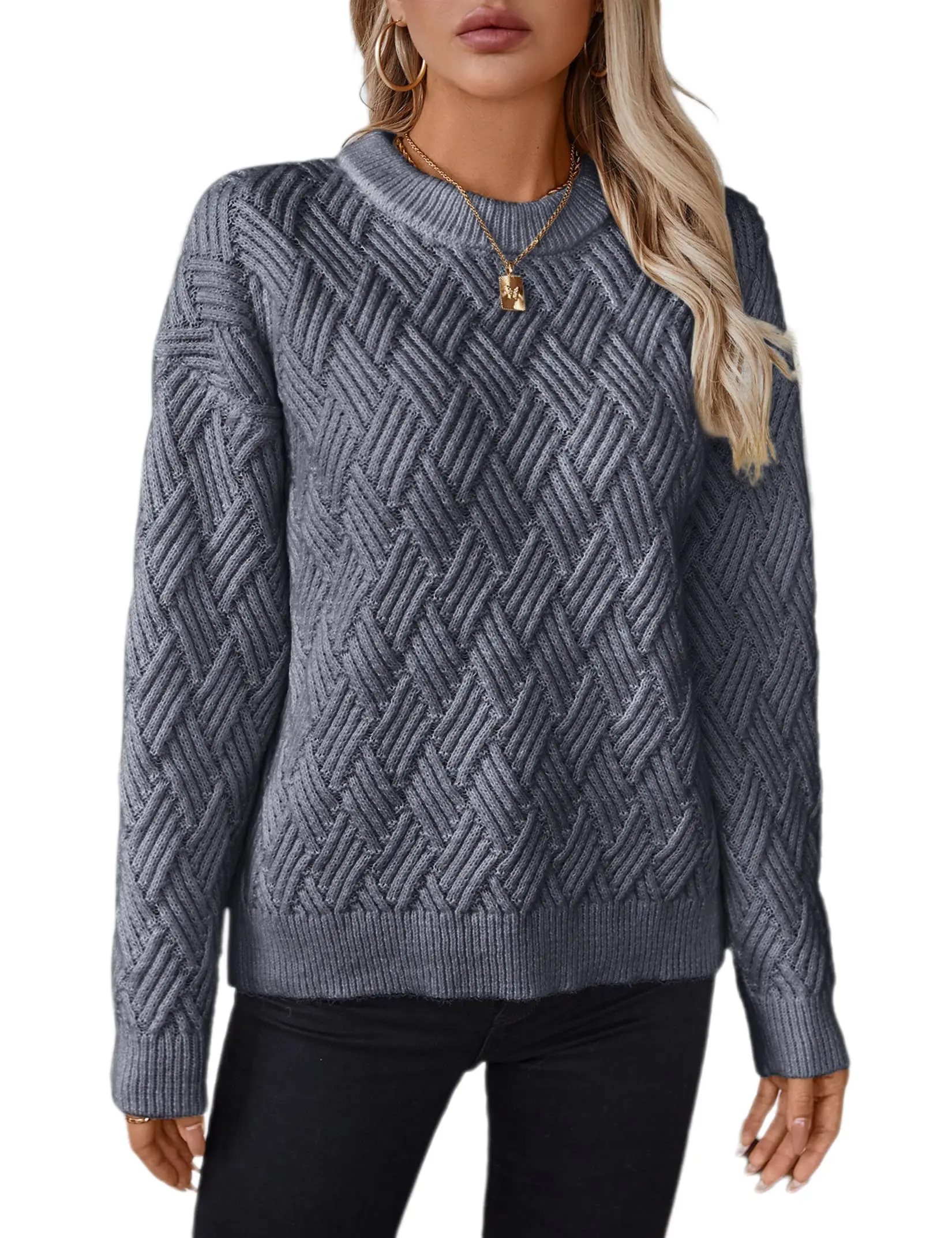 GARVEE Damen Pullover Elegant Winter Strickpullover Casual Lose Langarm Pulli Oberteil Sweater Dunkelgrau XL