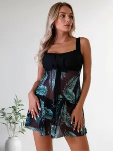 Tropical Palm Leaf Print Tankini Dress with Sheer Mesh Skirt - Ruched Top Tummy Control Swimwear