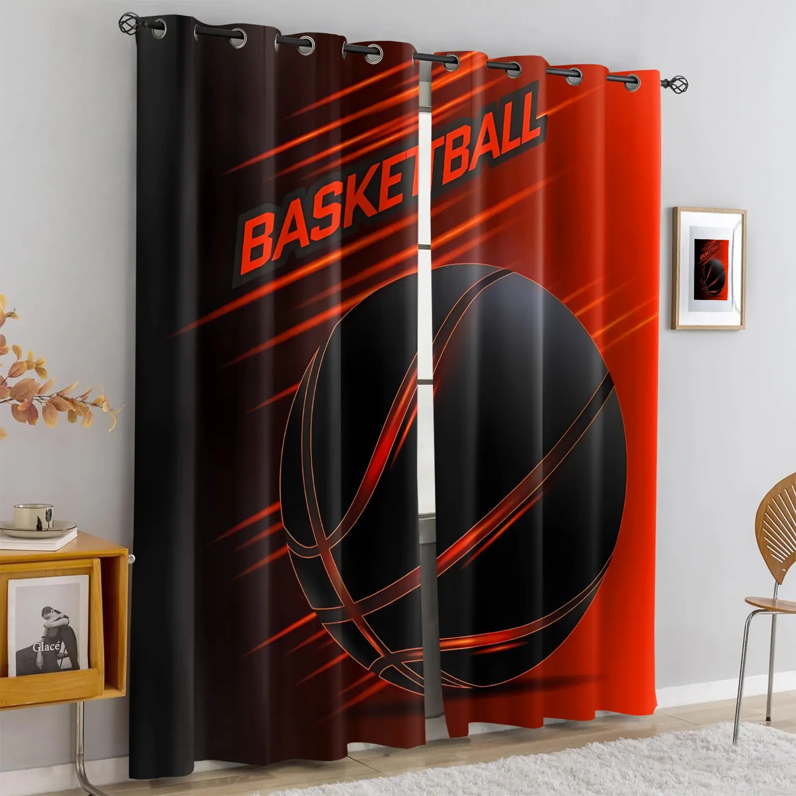 [Dynamic Basketball Sport-Inspired Curtains] 2pcs Modern Gradient Black & Red Energy Print Curtains | Stylish Athletic Decor Drapes for Living Room, Sport Fan Gift - High-Definition Decorative Window Treatments for Contemporary Home Interior (2-Pack)