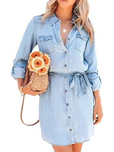 UTCOCO Women's Casual Long Sleeve Denim Shirt Dress Retro Tie Waist Classic Button Down Pockets Jean Shirt Dress Womenswear Light Blue