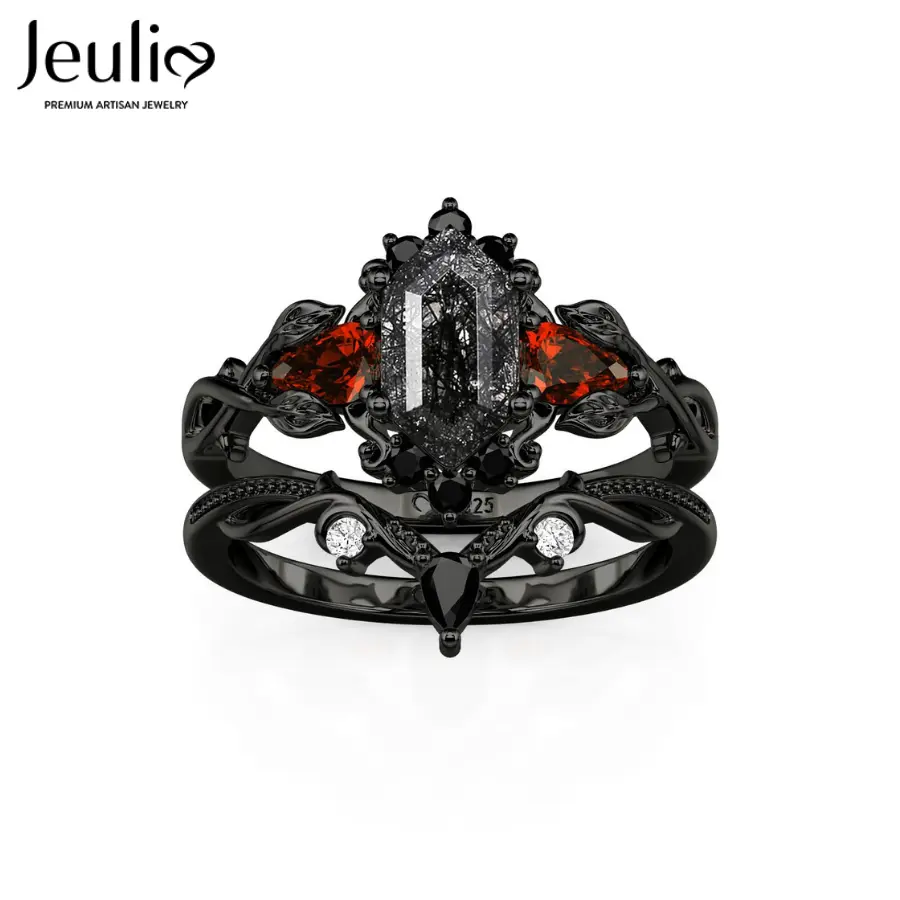 Jeulia Women's Sterling Silver Gothic Thorn Hexagon Black Rutilated Quartz Ring Set - 12-Month Quality Assurance, Dark Statement Alternative Fashion Wedding Gift Jewelry