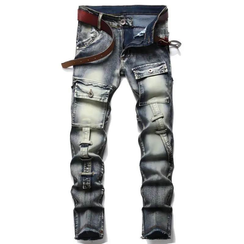 XIMXIMMTIAN Men's Slim Straight Jeans, Retro Biker Style Distressed Pants in High-Stretch Streetwear Denim
