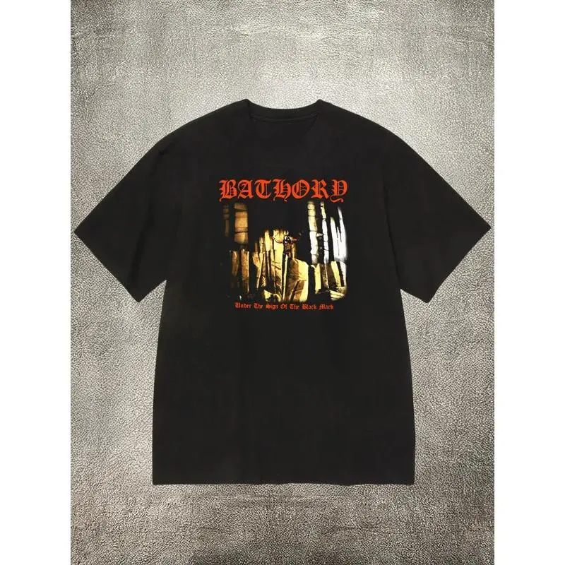 S-3XLMen's black 200g cotton crew-neck short-sleeve T-shirt with "Bathory" band-theme heat-transfer print