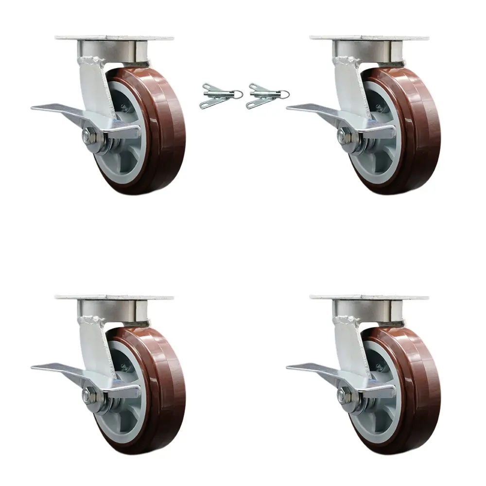Service Caster SCC-KP30S620-PPUB-SLB-BSL-2 Heavy Duty Kingpinless Ball-Type Swivel Brake Castors, 6 inch Non-Marking Polyurethane Wheels, Maintenance-Free Precision Bearings, 3600 lbs Capacity, Thrust-Load Absorbing - Set of 4 for Dollies, Drywall Carts,,