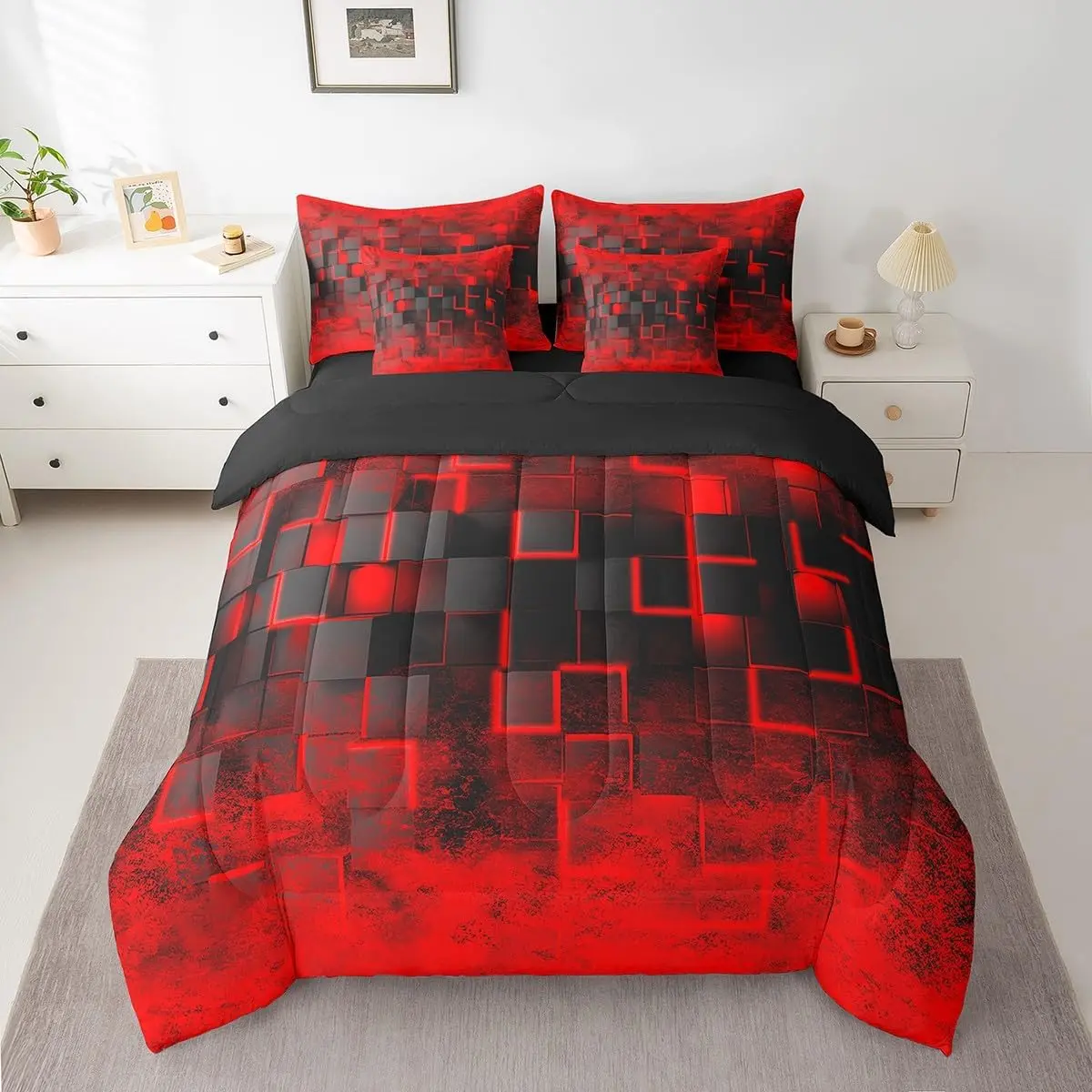 Red and Black Comforter Set with Sheets 7 Piece Geometric Bed in a Bag Geometric Honeycomb Bedding Set Modern Ombre Abstract Art Bed Set with Comforter,Sheets