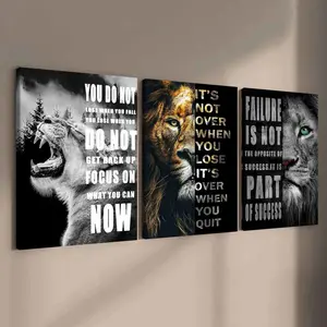 3-Piece Modern Art Canvas Prints, Lion Inspirational Posters, Solid Wood Frame, Modern Home Decor, Waterproof Wall Decor, Decorative Wall Art for Living Room & Bedroom
