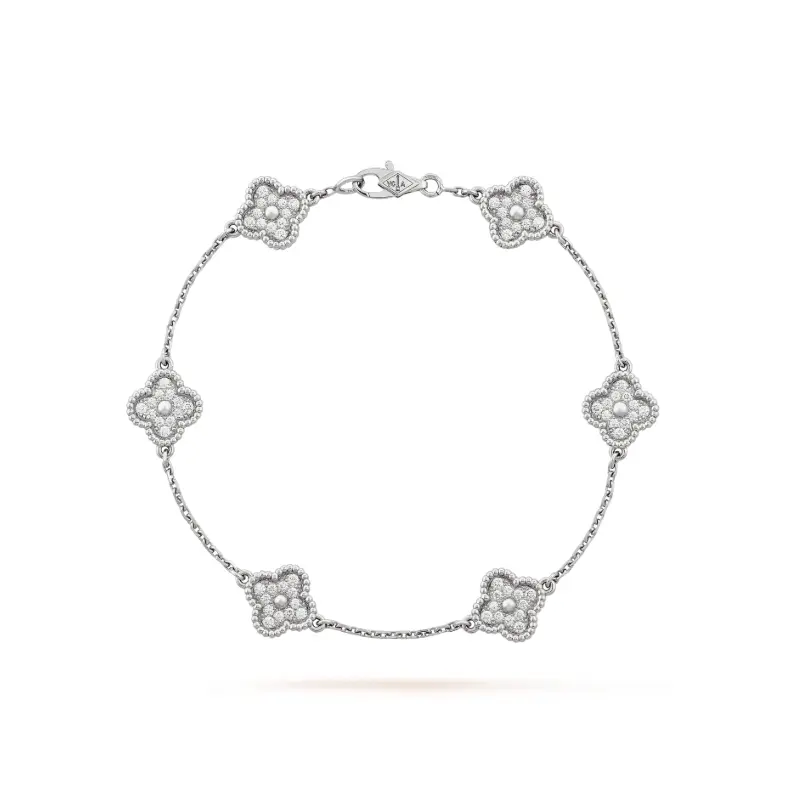 Pre-owned Van Cleef & Arpels Sweet Alhambra Bracelet 6 Motifs, 18K White Gold, Full Paved, year 2022