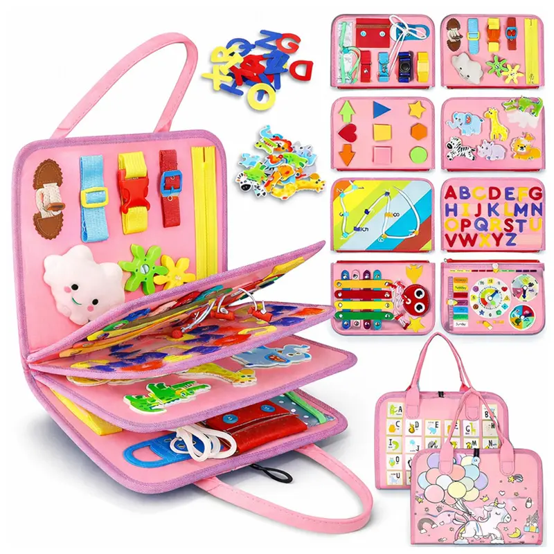 Pink Unicorn Busy Board  - Dreamy Balloon Theme Montessori Sensory Toy - Screen-Free Travel Bag for Toddler Girls 1-4Y - Best Birthday Gift & Fine Motor Skills Activity