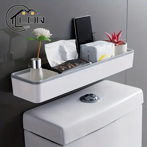 wall-mounted toilet storage rack, Bathroom organizer, Bathroom organizing accessories, organizes essentials, No-drill adhesive bathroom storage rack with paper towel holder and plastic storage tray, Ideal gift for Christmas, Halloween