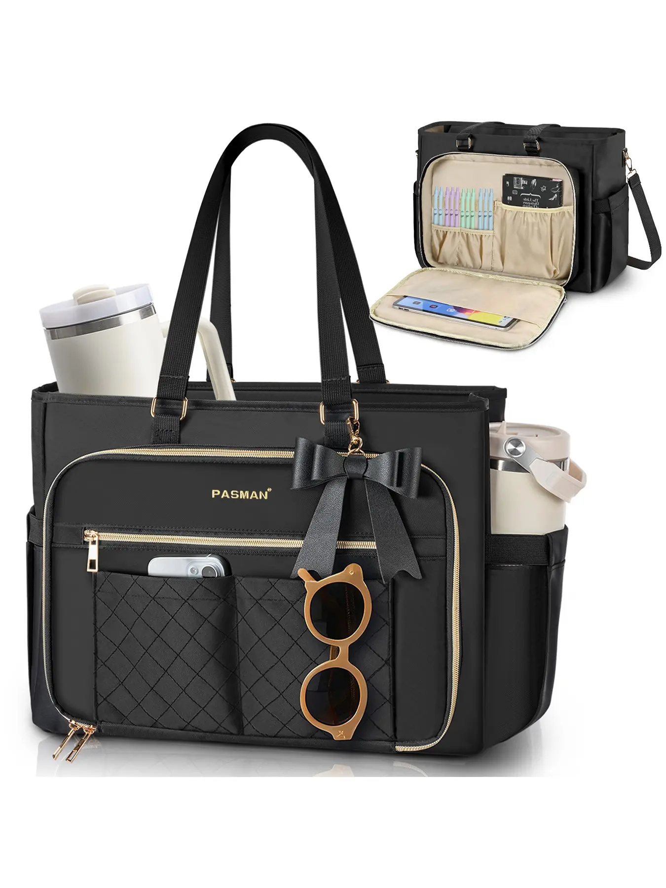 Women's Laptop Tote Bag, Work Computer Bag, Teacher Tote Bag, Professional Briefcase Business Large Handbag (Black) Phone