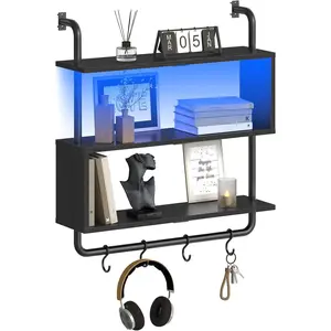 Floating Shelves with LED Lights, 29.5" LED Wall Mounted Gaming Shelf, 3-Tier Pipe Display Rack with  Rod and 4 S-Hooks, for Storage Livingroom, Bedroom, Kitchen, Black BB21DBJ01