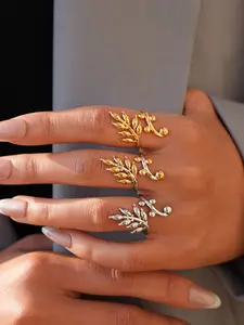 18K Gold Plated Two Tone Olive Leaf Ring Set Laurel Branch Open Adjustable Band Trendy Finger Jewelry for Daily Wear Bridesmaid Gifting for Women & Nature Lovers