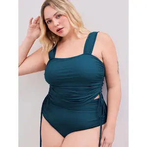 Cider Shaping Square Neck Solid Drawstring Bracelet Cheeky Tankini Swimsuit Curve & Plus