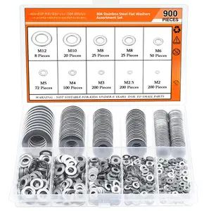 900 count 304 Stainless Steel Flat Washers for Screws ,  Assorted Kit, Lock Metal Washers (M2 M2.5 M3 M4 M5 M6 M8 M10 M12)