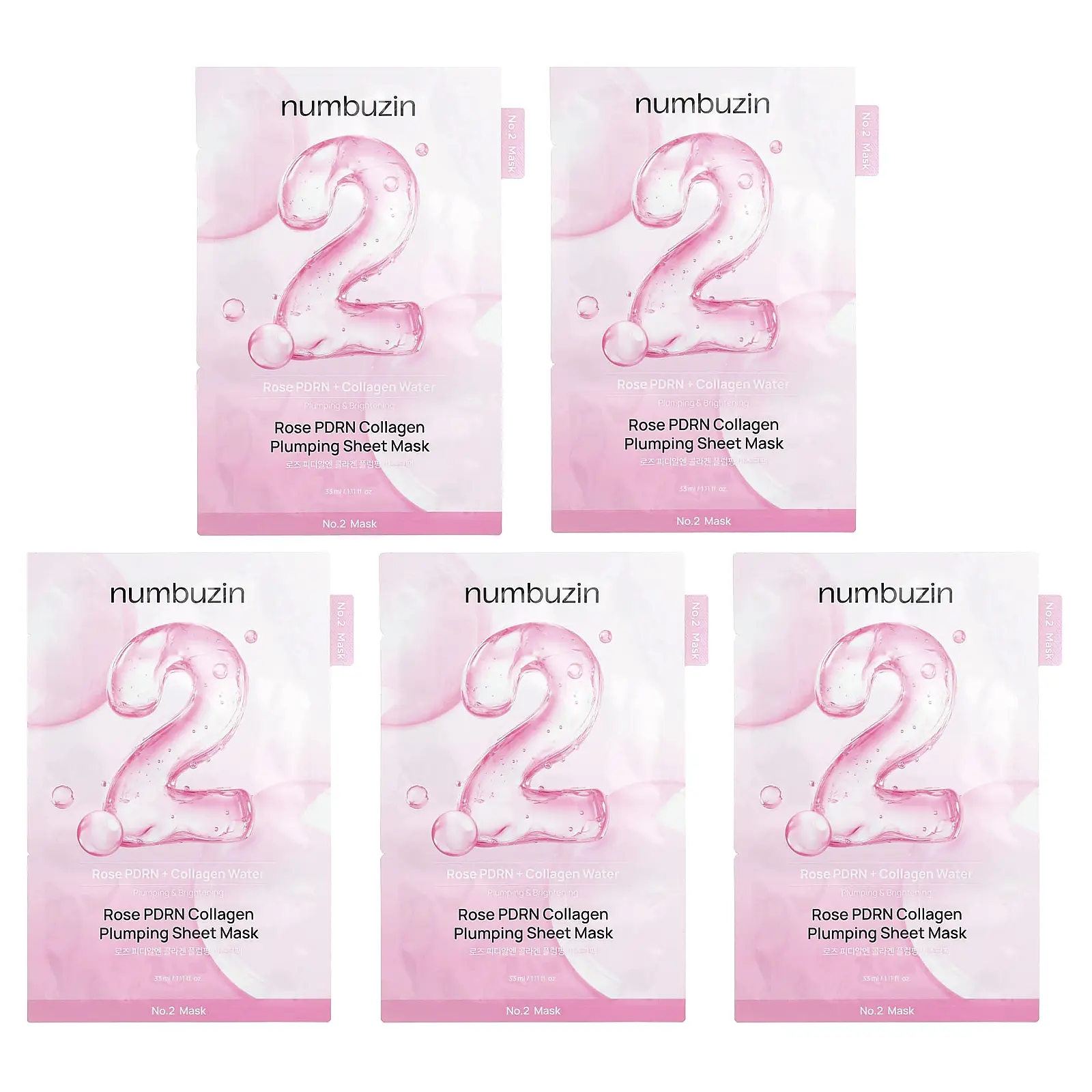 Numbuzin No.2 Rose PDRN Collagen  Plumping Beauty Sheet Mask, 5 Sheets. 1.11 fl oz (33 ml) Each