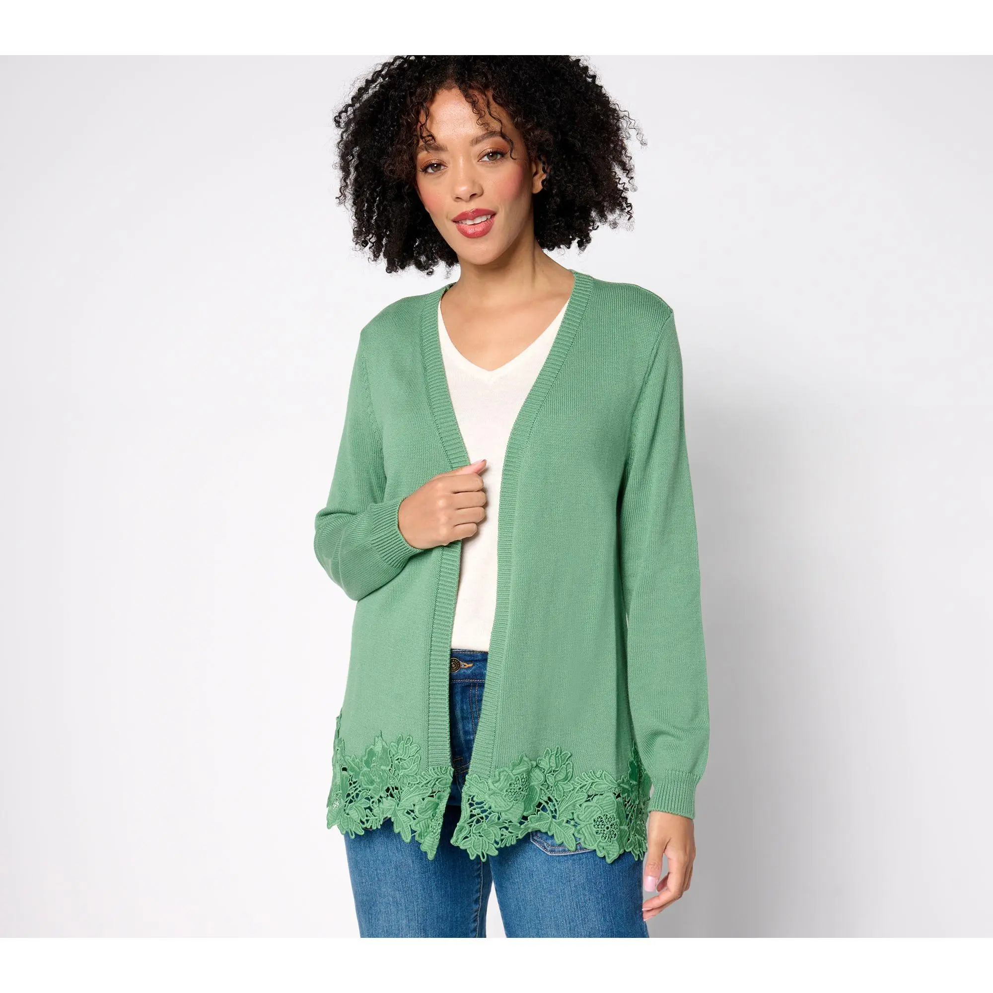 Susan Graver Open Front Sweater Cardigan with Lace Trim