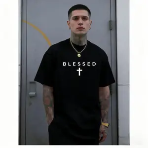 Men'S Casual Crew Neck T-Shirt with Cross & Letter Print,  Knit Fabric, Regular Fit Short Sleeve Tee for Summer, Comfortable & Versatile Weekend Casual Wear, Everyday Tshirt |       Sleek Black Tee |       Lightweight Fabric