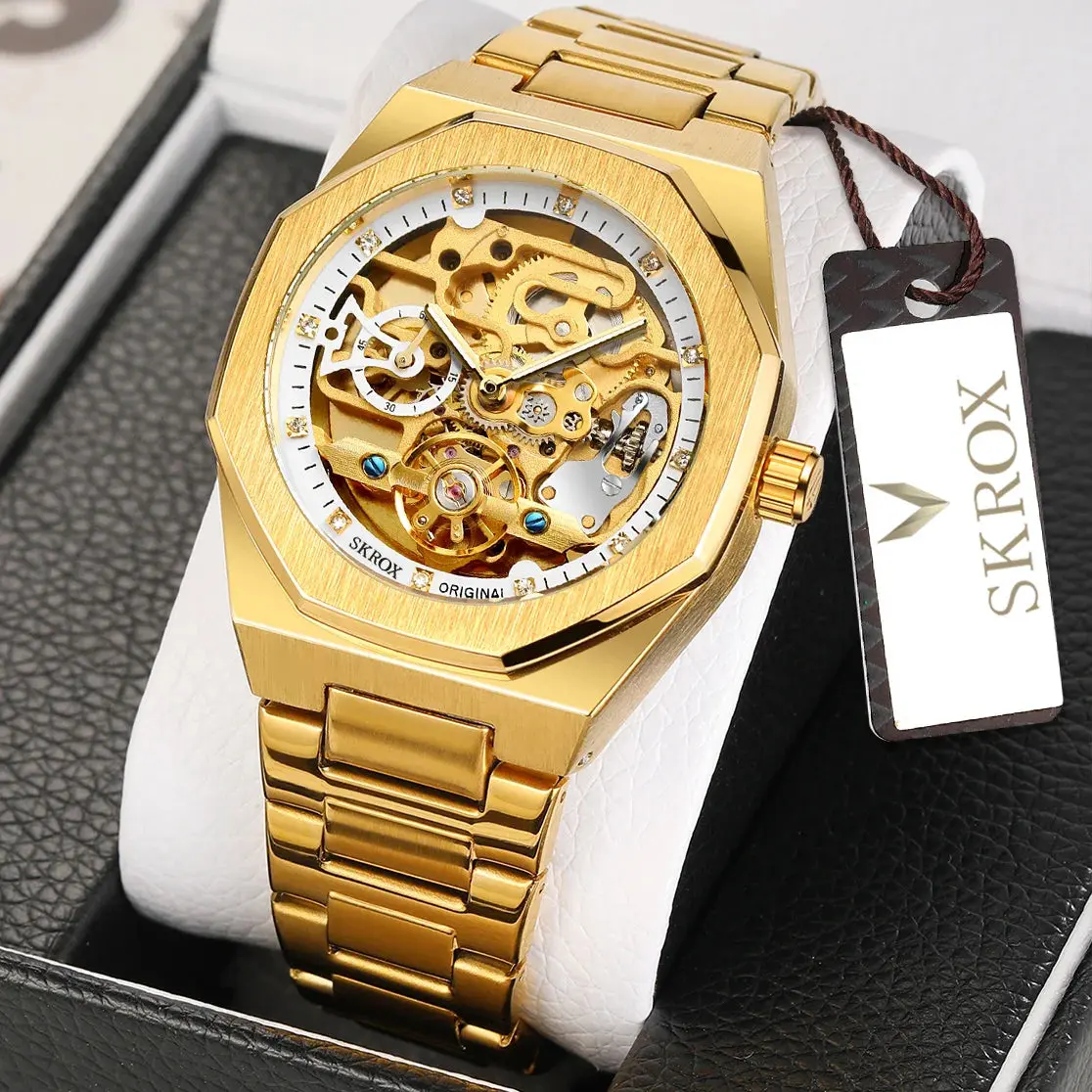SKROX 1174 Gold Diamond Skeleton Automatic Watch