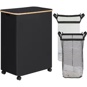 Laundry Hamper with Wheels, Divided Laundry Hamper with Removable Bags, 2 Section Dirty Clothes Basket with Handles for, Bedroom & Laundry Room, 160L Dark Black