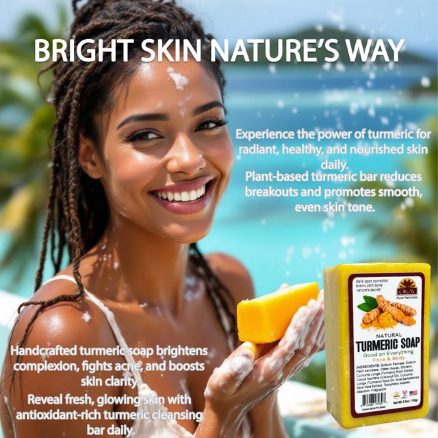 OKAY Pure Naturals Turmeric Soap Bar - Brightening, Dark Spot Correcting & Even Skin Tone Face & Body Cleanser - 5.5 oz