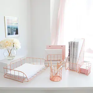 BLU MONACO ;Rose Gold Desk Organizer Set for Women - 5 Piece Wire Accessories (Letter Sorter, Paper Tray, Pen Cup, Magazine File)