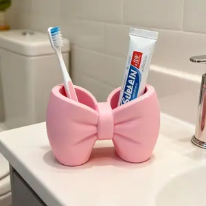Innovative Bow-Shaped Pen, Toothbrush and Toothpaste Holder, Toothbrush Storage, Plastic Material, Self-Standing, Perfect for Bedroom and Bathroom Aesthetics