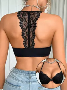 Women's Lace Underwire Bra, Sexy Backless Design, Front Buckle Closure, Comfortable Fashion, Daily Wear, Medium Support, All Seasons