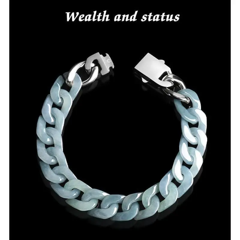 Natural Jade Cuban Chain Bracelet, Jade Titanium Steel Hip Hop Style, Unisex Retro Jewelry, Mysterious Oriental Aesthetic Design Natural Jade Cuban Chain Bracelet, Jade Titanium Steel Hip Hop Style, Unisex Retro Jewelry, Mysterious Oriental Aesthetic Design