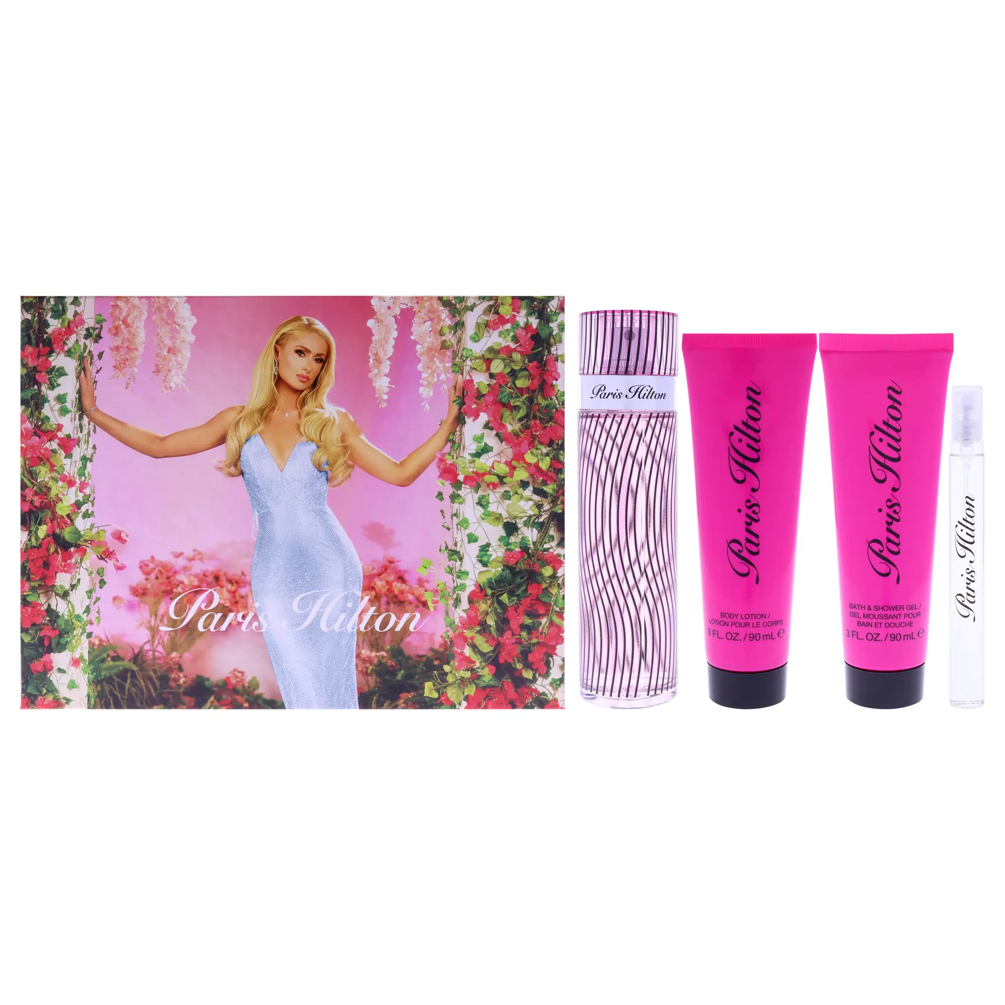 Paris Hilton Women's 4-Pc Unisex Fragrance & Body Care Routine Gift Set - 3.4oz EDP Spritz Spray, 0.34oz EDP Mini Spritz Spray, 3oz Normal Moisturizer Body Lotion, 3oz Normal Cleansing Bath & Shower Gel, Spritz Spray Unisex Fragrance