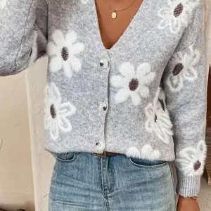 Fashion Floral Pattern Drop Shoulder Knit Cardigan Sweater, Casual Fitted Design for Fall & Winter, Moderate Fabric Thickness Knitted Sweater