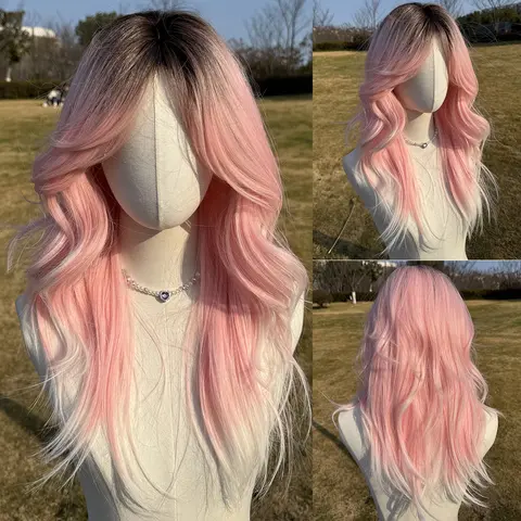 SMILCO/24Inch Ombre Pink Ash Brown Long Curly With Bangs Synthetic Wig/SM417-2