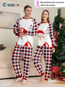 MEN/WOMEN Couple Christmas Long Sleeve Pants Loungewear Pajama Set, Santa Claus and Classic Plaid Elements, Crew Neck Design, Men's or Women's, Single Set