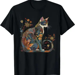 Unisex Cat Colorful Floral Patterns Vintage Flowers Art Cat Lover T-Shirt
