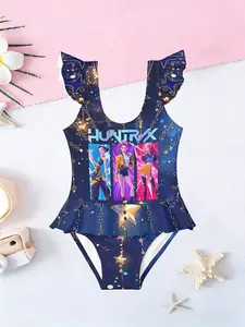New Kids Blue Starry 3D Printed Cartoon Swimsuit, Ruffled Sleeve Summer Swimwear Bathing Suits for Girls, Cute Beach for Children