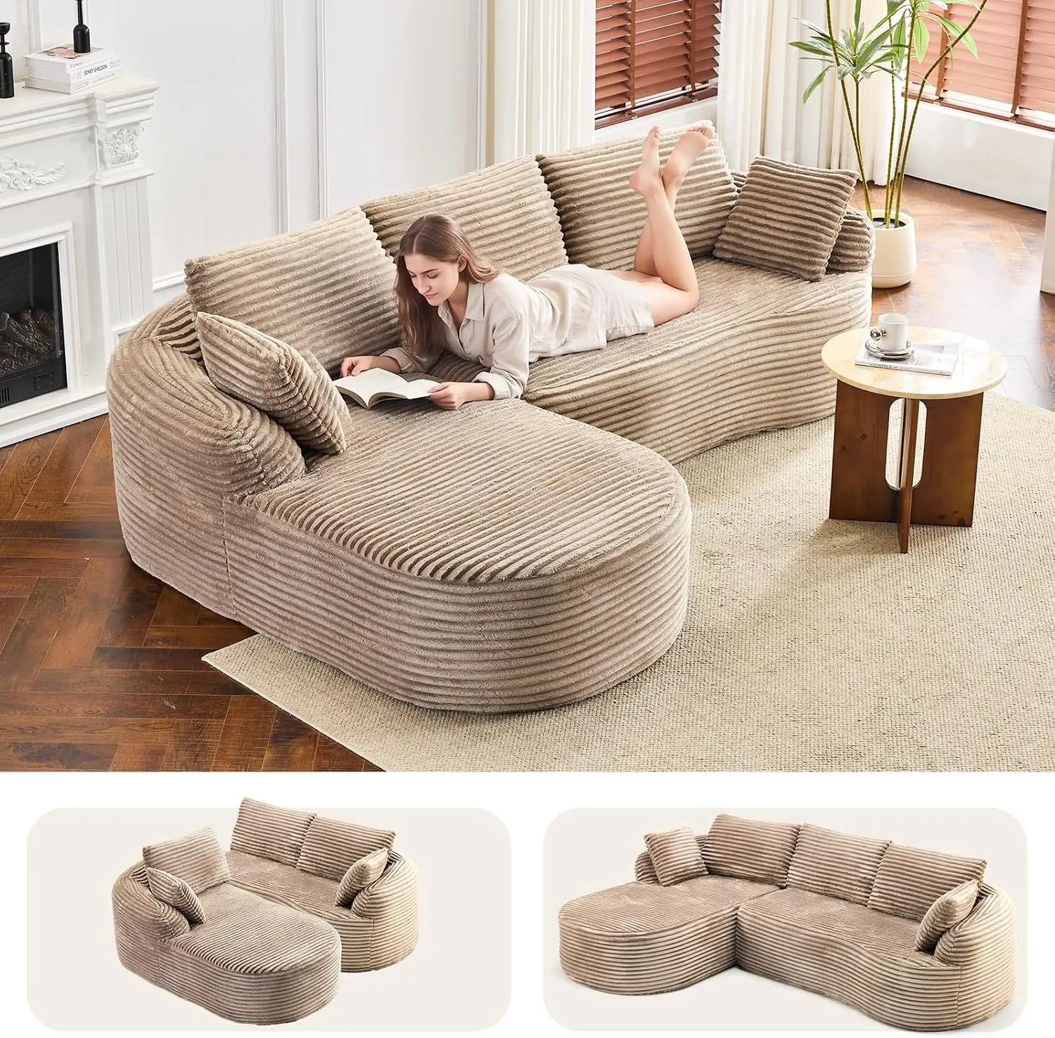Karlhome 101" W Boneless Modular Sectional Sofa with Convertible Chaise, Curved Cloud Couch for Living Room with Cozy Corduroy Fabric, No Assembly Needed for Apartment, Bedroom, Small Spaces, Khaki