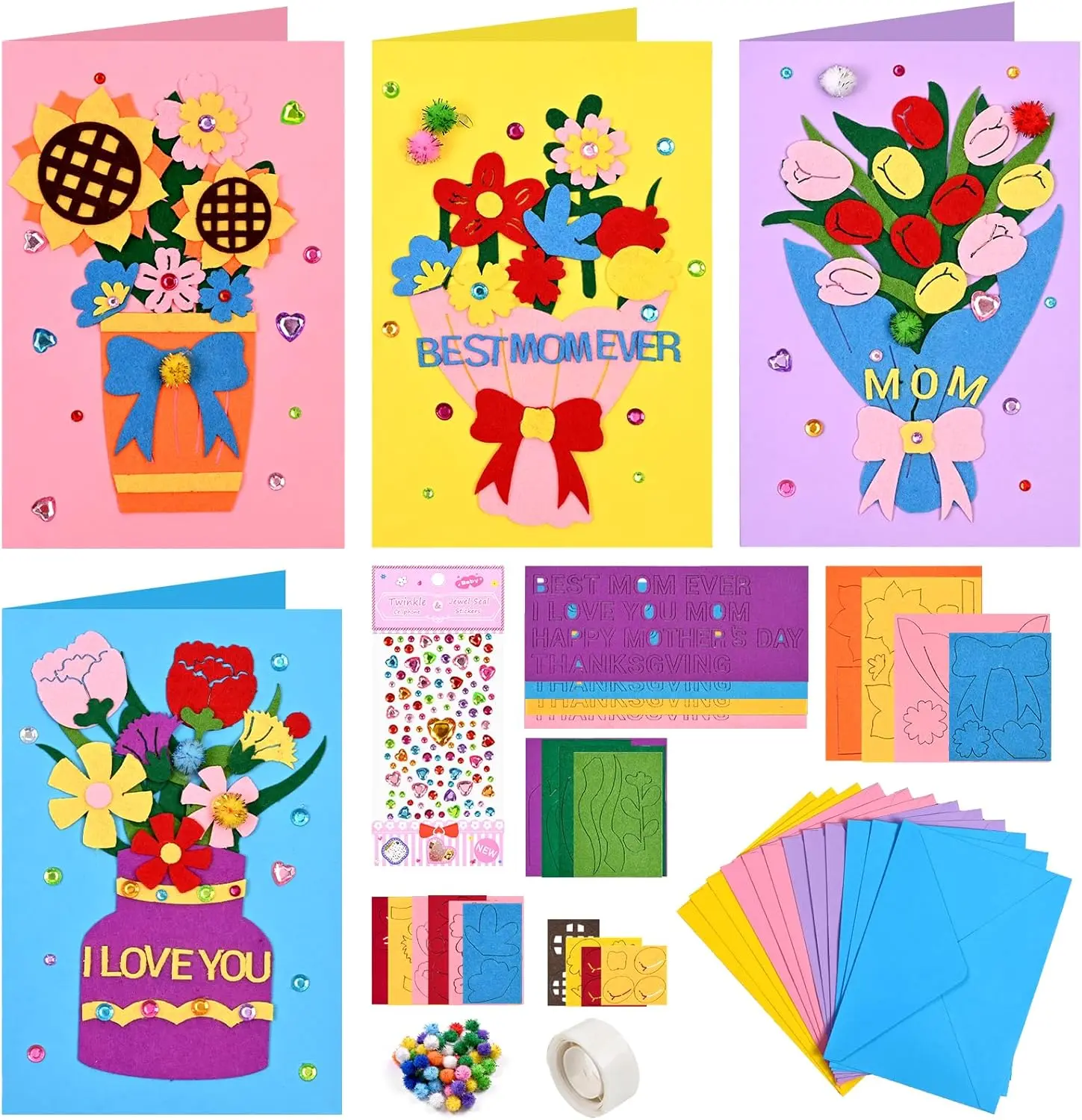 12 Sets Mothers Day Crafts for Kids, Mother's Day Card Making Kits, DIY Flower Craft Handmade Greeting Card with Envelopes for Classroom Home Kindergarten Activities