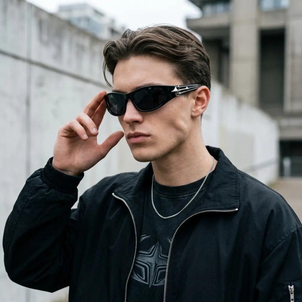 Cyber Y2K Wrap Sunglasses, Trendy Metallic Armor Eyewear for Man and Woman, Aesthetic Gothic Techwear Shades