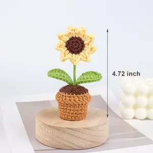 Crochet Sunflower Cute Flower Plant, Kawaii Handmade Knitted Flowers,Small Potted Artificial Flower Plants, Desk Home Car Dashboard Decorations